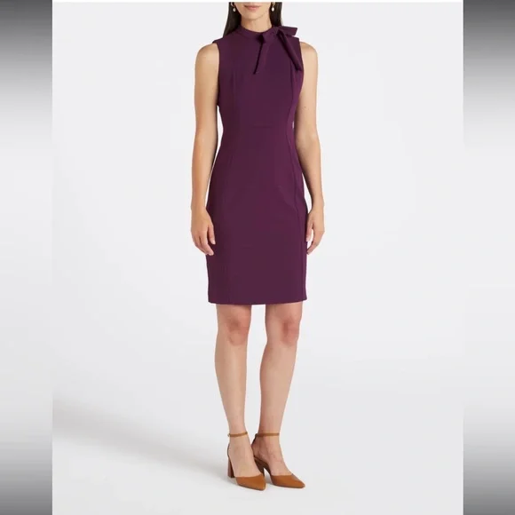 Calvin Klein Wear To Work Dark Berry Purple Tie Neck Sheath Dress Size 10